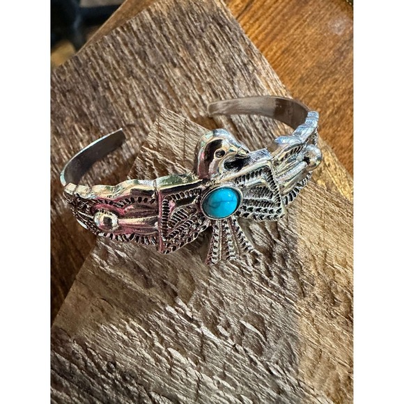 Vintage Bohemian Thunderbird Bangle Bracelet with Turquoise Accent, Gift-Ready - Picture 7 of 10